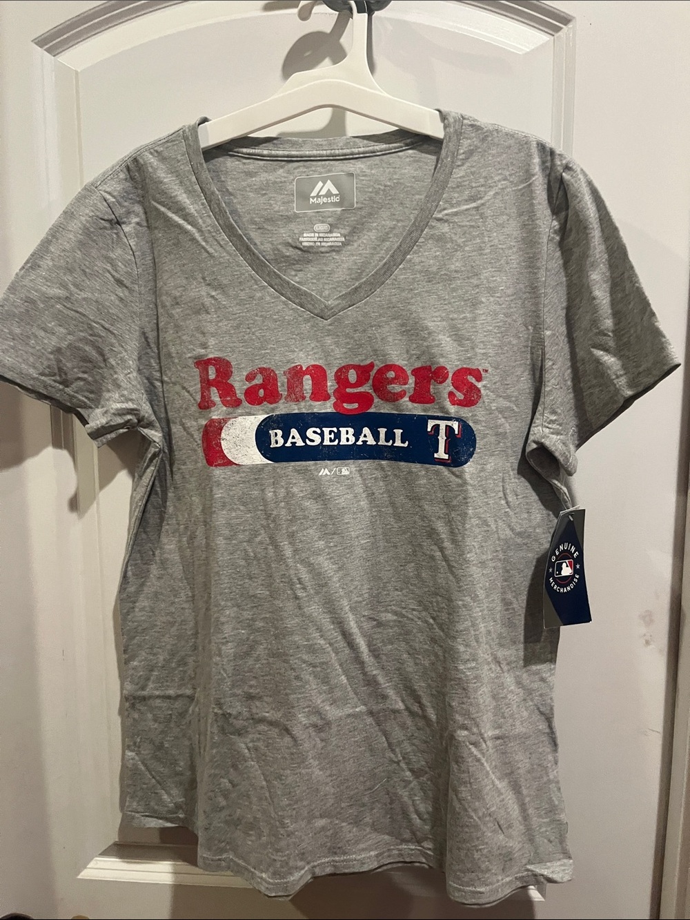 Majestic Gray Rangers Baseball V-Neck Tee with Red & Blue Logo